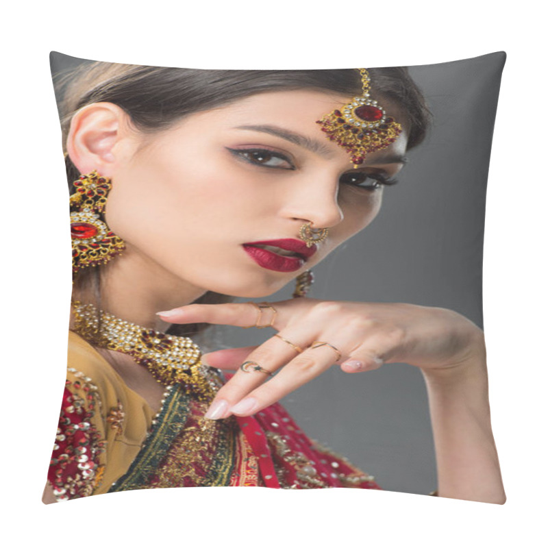 Personality  Beautiful Indian Woman Posing In Traditional Accessories, Isolated On Grey  Pillow Covers