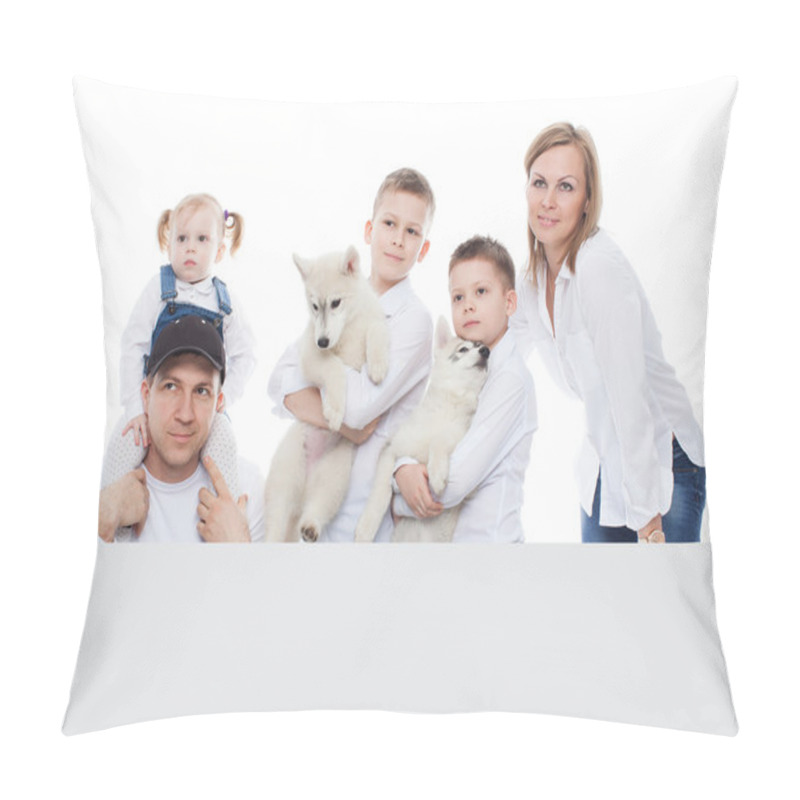 Personality  Beautiful Family, Mom, Dad, Kids, Son, Daughter, Kids, Puppies Husky, With Blank Board, Isolation Pillow Covers