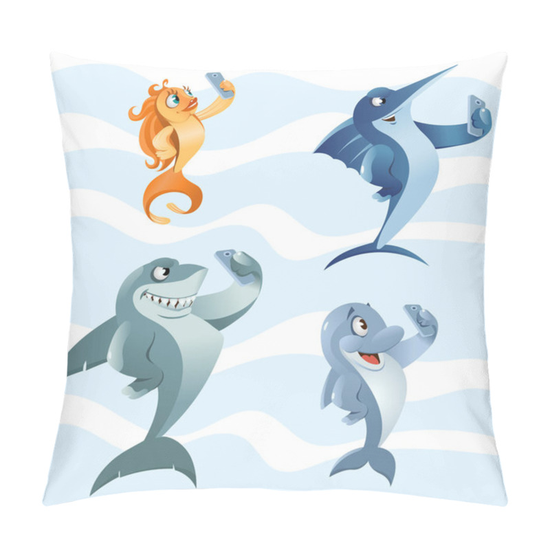 Personality  Funny Sea Inhabitants Making Selfie. Cartoon Styled Vector Illustration. Pillow Covers