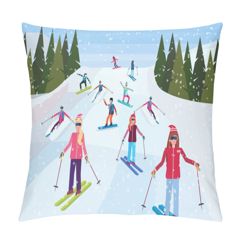 Personality  Skiers Sliding Down Snowy Mountain Hill Fir Tree Landscape Background People Skiing Winter Vacation Concept Flat Horizontal Vector Illustration Pillow Covers