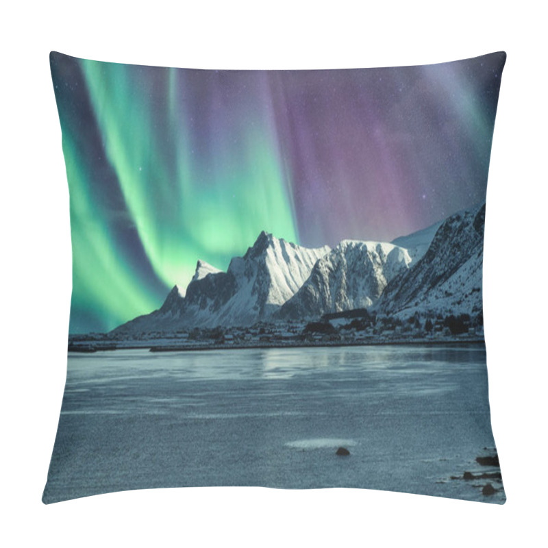 Personality  Aurora Borealis, Northern Lights Above Of Snowy Mountain In Lofo Pillow Covers