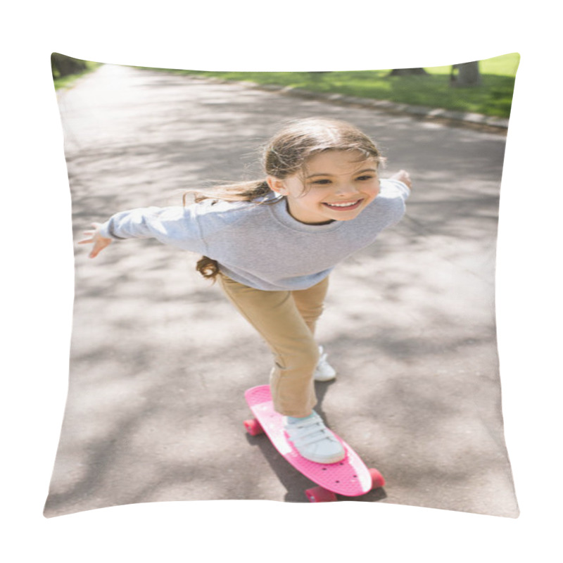 Personality  Smiling Little Child Riding On Skateboard In Park Pillow Covers