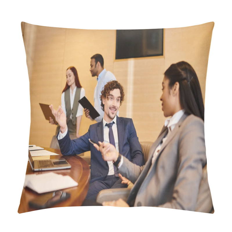 Personality  Diverse Group Of Business Professionals Engaged In A Discussion At A Conference Table. Pillow Covers