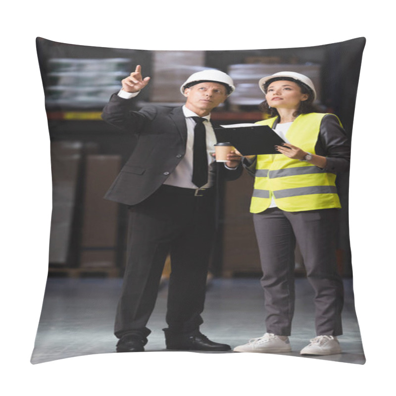 Personality  Businessman In Suit And Hard Hat Planning Logistics Operations With Female Employee In Safety Vest Pillow Covers