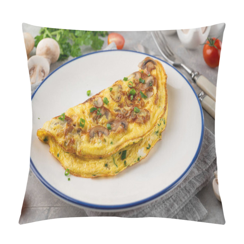 Personality  Omelet With Fried Mushrooms And Fresh Herbs In A Plate On A Concrete Background. Delicious Healthy Breakfast. Top View. Copy Space Pillow Covers