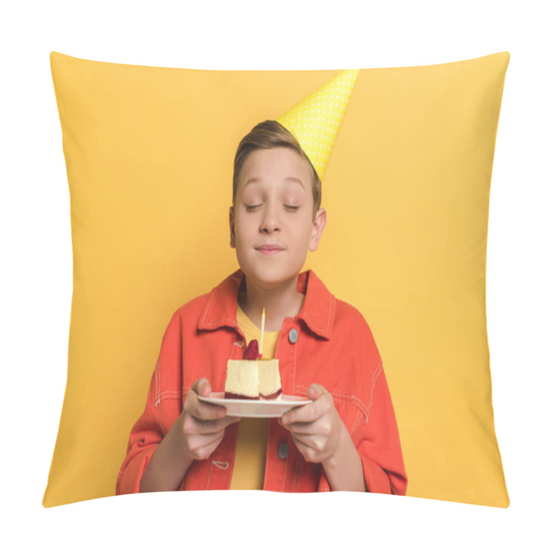 Personality  Smiling Kid With Closed Eyes Making Wish And Holding Plate With Birthday Cake On Yellow Background  Pillow Covers