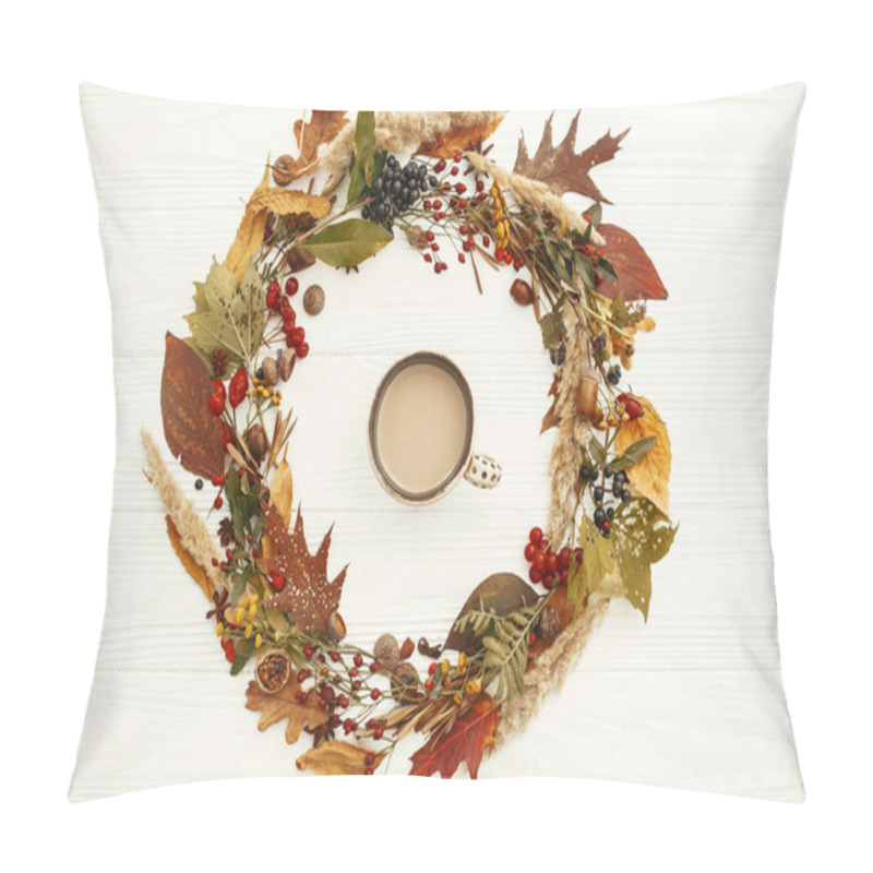 Personality  Autumn Wreath Flat Lay. Coffee In Fall Leaves Circle With Berries, Nuts, Acorns, Flowers,herbs On Rustic White Background Top View. Seasons Greetings. Space For Text. Autumn Mockup Card Pillow Covers