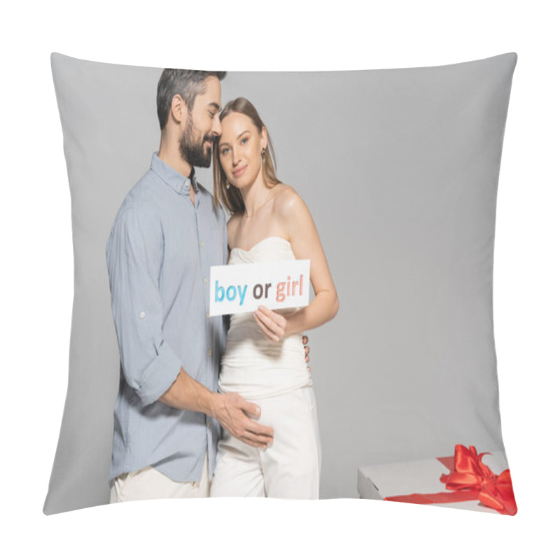 Personality  Smiling Pregnant Woman Holding Card With Boy Or Girl Lettering Near Stylish Husband And Big Gift Box During Gender Reveal Surprise Party Isolated On Grey, Expecting Parents Concept Pillow Covers