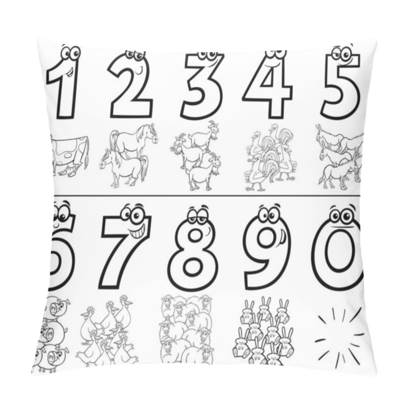 Personality  Black And White Cartoon Illustration Of Educational Numbers Collection From One To Nine With Funny Farm Animal Characters Coloring Book Page Pillow Covers