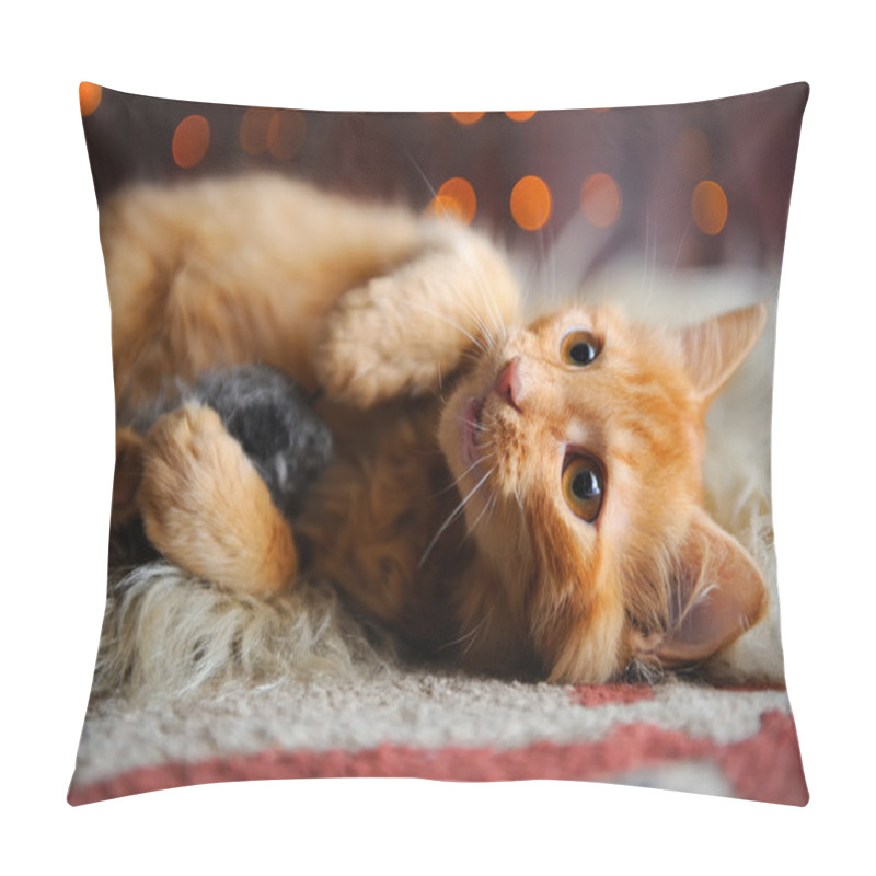 Personality  Cute Fluffy Red Kitten Playing With Toy Mouse Pillow Covers