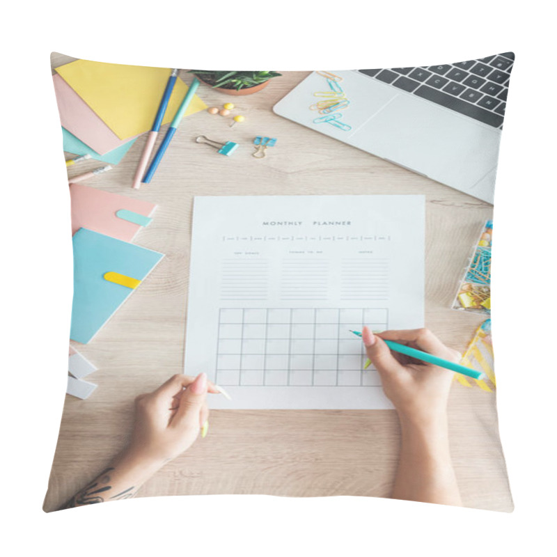 Personality  Cropped View Of Woman Sitting Behind Wooden Table With Laptop And Stationery, Writing Notes In Monthly Planner Pillow Covers