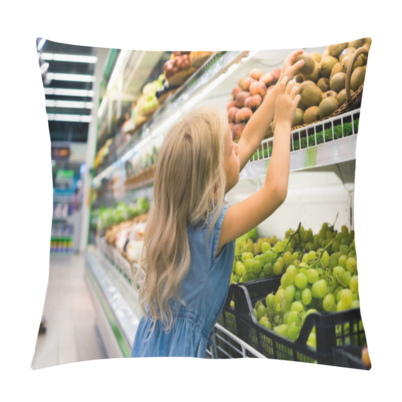 Personality  Adorable Female Child Choosing Fruits In Supermarket Pillow Covers