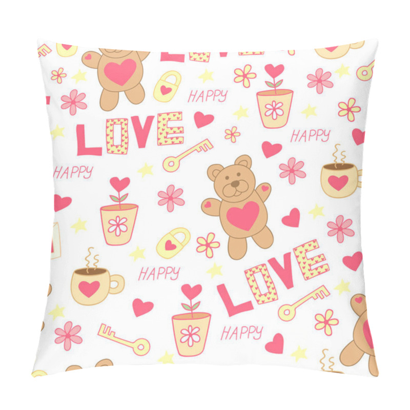 Personality  Doodle Cute Pattern With Bear, Toy, Flowers, Hearts, Letter, Cup, Key And Padlock. Happy St. Valentine's Day.  Love Background. Pillow Covers