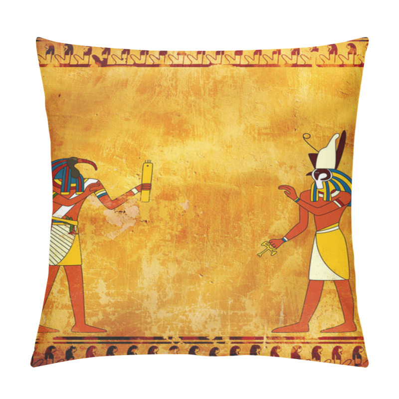 Personality  Grunge Background With Egyptian Gods Images Toth And Horus Pillow Covers