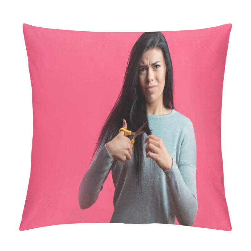 Personality  Angry Young Woman Is Going To Cut Hair. Pillow Covers