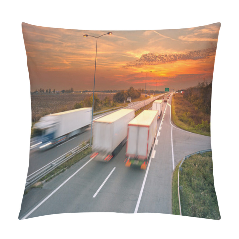 Personality  Several Trucks In Motion Blur On Highway Pillow Covers