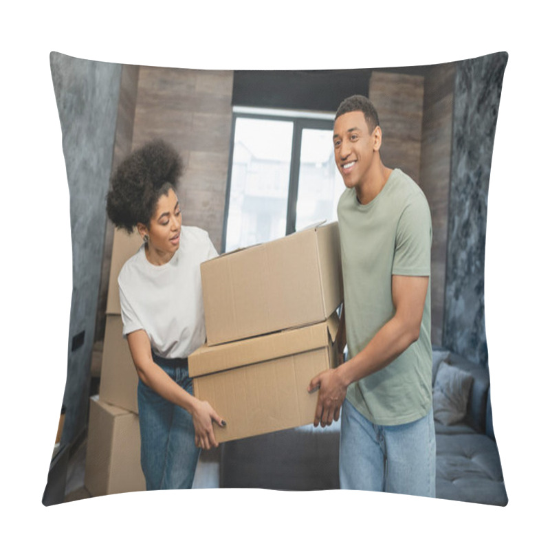 Personality  Positive African American Couple Holding Carton Boxes During Moving In Living Room Pillow Covers