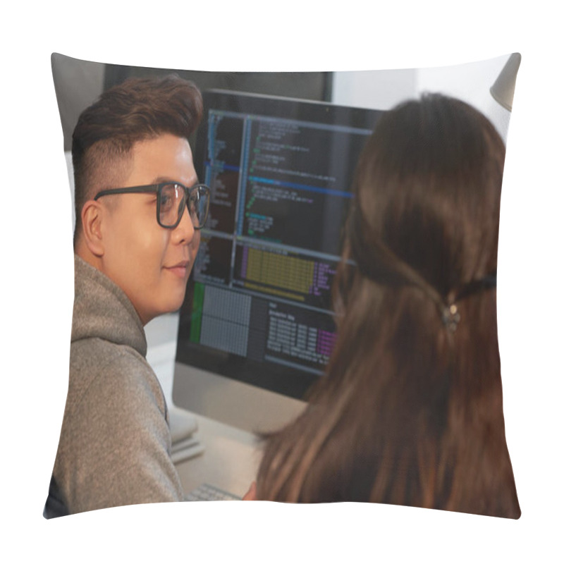 Personality  Asian Students Talking At Monitor Screen  Pillow Covers