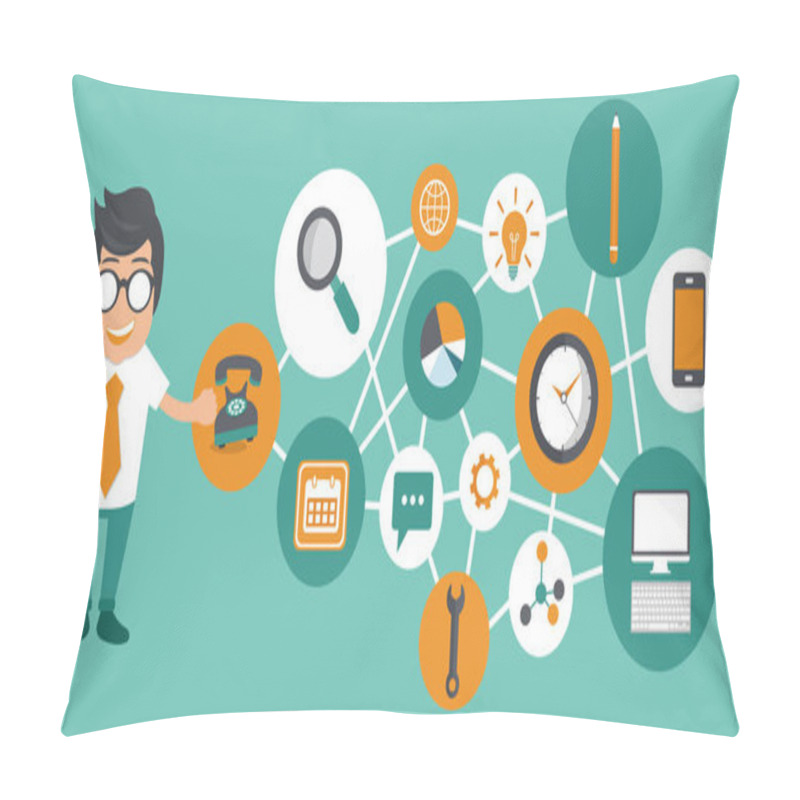 Personality  Businessman Presenting Customer Relationship Management. System For Managing Interactions With Current And Future Customers. Flat Vector Illustration. Pillow Covers