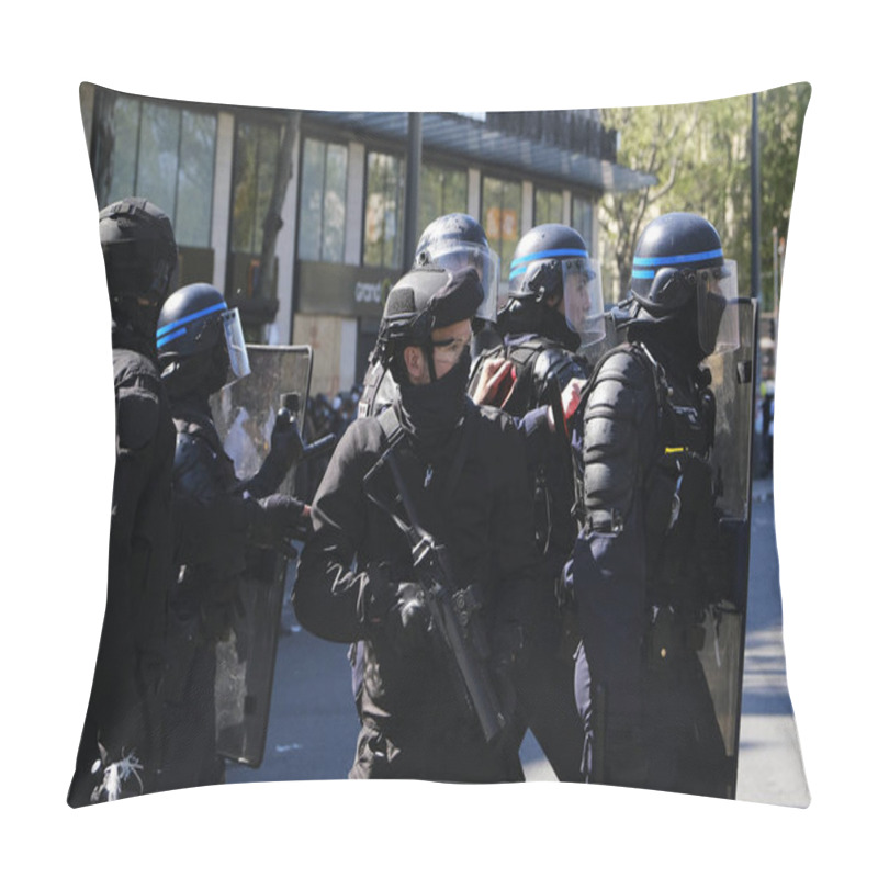 Personality  French Riot Police Clash With French Yellow Vests Protesters During A Demonstration Called By The Yellow Vest Movement Against The Policy Of Emmanuel Macron  In Paris, France On Apr. 20, 2019 Pillow Covers