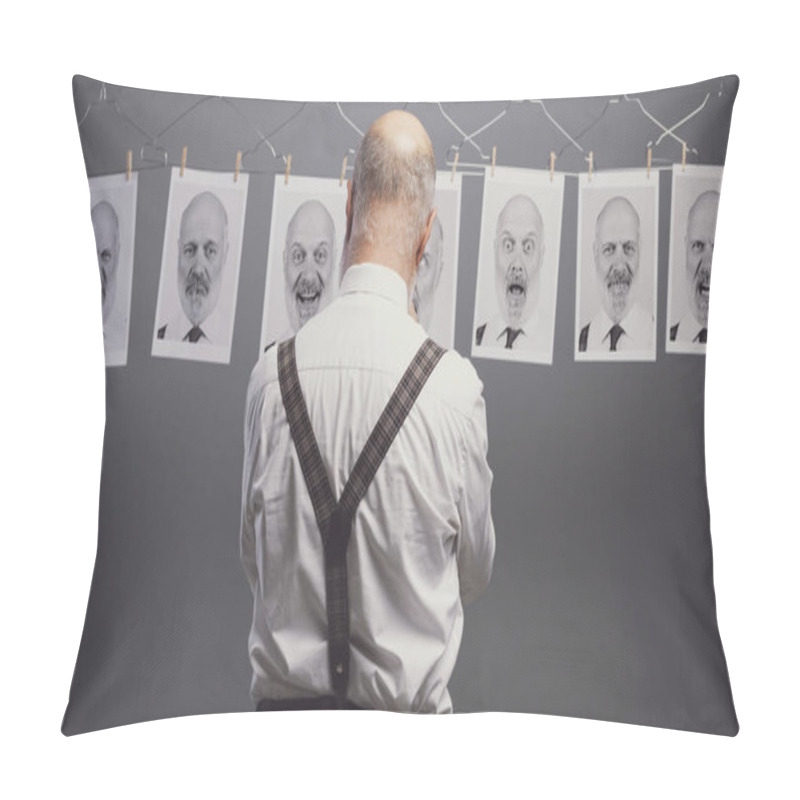 Personality  Mature Businessman Staring At His Multiple Personalities And Expressions On A Collection Of Hanging Portraits: Mind Self Analysis And Emotions Concept Pillow Covers