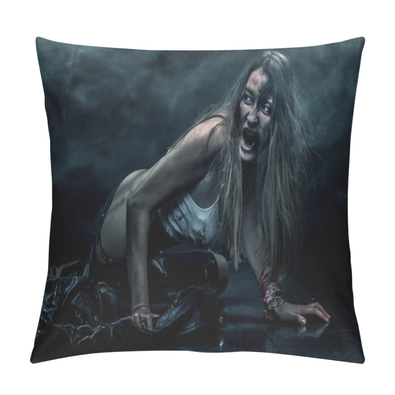 Personality  Zombie Woman, Horror Background For Halloween Concept And Book Cover. Copy Space. Pillow Covers