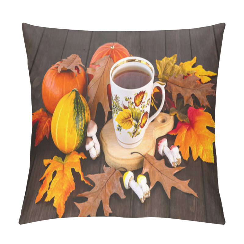 Personality  A Cup Of Tea Decorated With Autumn Leaves, Pumpkins, Mushrooms And Maple Leaves Around On A Dark Background. Autumn Still Life Pillow Covers