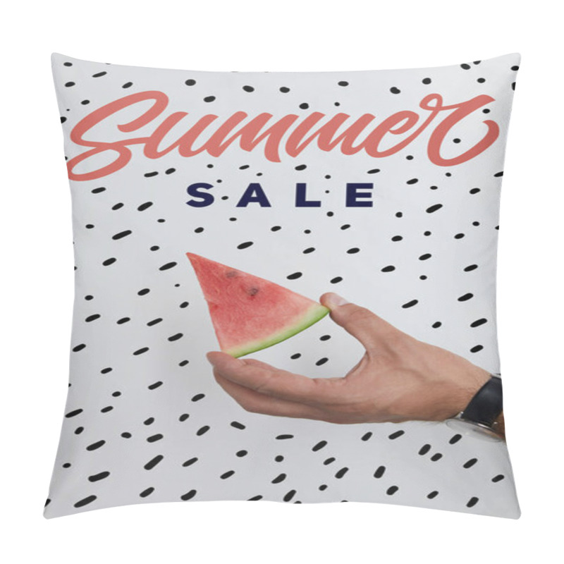 Personality  Cropped Shot Of Man Holding Watermelon Piece In Hands On White Surface With Summer Sale Lettering Pillow Covers