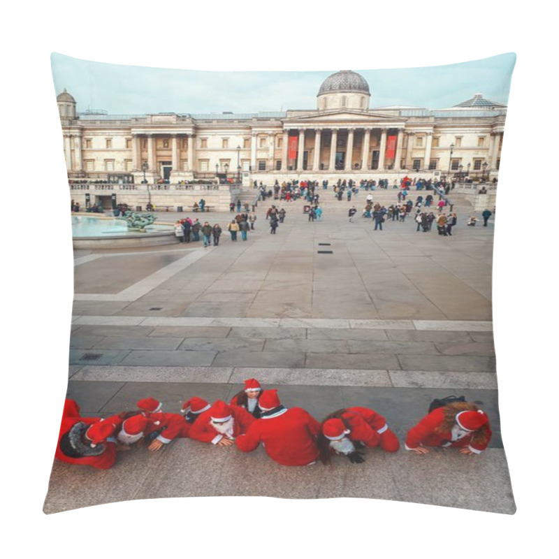 Personality  Group Of People Dressed As Santa Claus Gathered On The Steps In Trafalgar Square, London, With The National Gallery In The Background. Pillow Covers