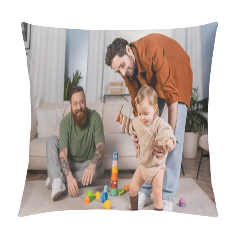 Personality  Smiling Gay Man Holding Baby Daughter Near Partner And Toys At Home  Pillow Covers