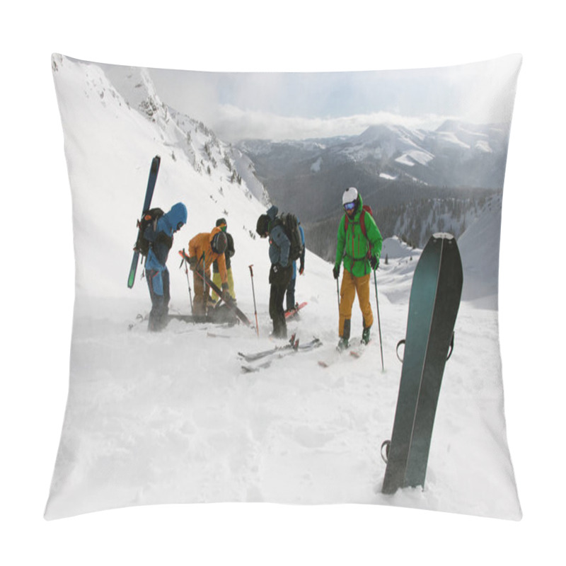 Personality  Group Of Tourists High In The Snowy Mountains Pour Ski Equipment Splitboards. Winter Activities, Skitouring In Mountains. Pillow Covers