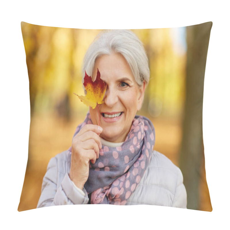 Personality  Happy Senior Woman With Maple Leaf At Autumn Park Pillow Covers