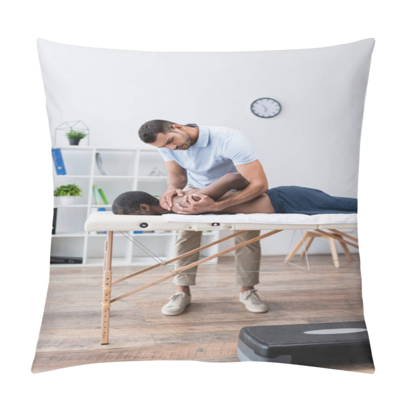 Personality  Physiotherapist Stretching Shoulder Of African American Man During Rehabilitation Procedure Pillow Covers