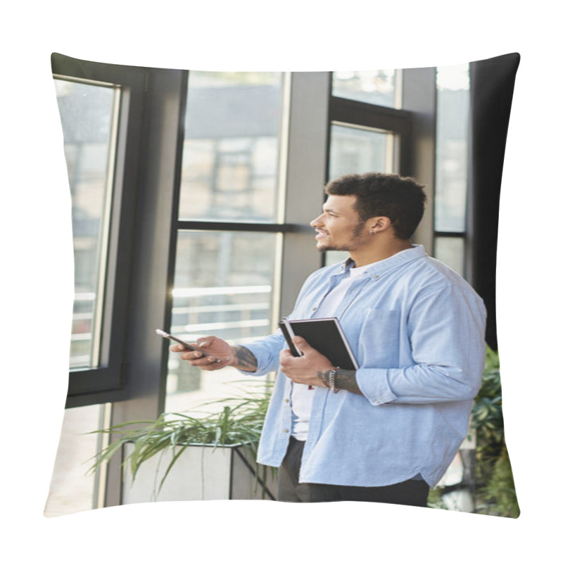 Personality  A Handsome Man Stands By The Window In Bright Sunlight, Holding A Notebook Thoughtfully. Pillow Covers