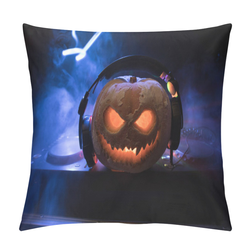 Personality  Halloween Pumpkin On A Dj Table With Headphones On Dark Background With Copy Space. Happy Halloween Festival Decorations And Music Concept Pillow Covers