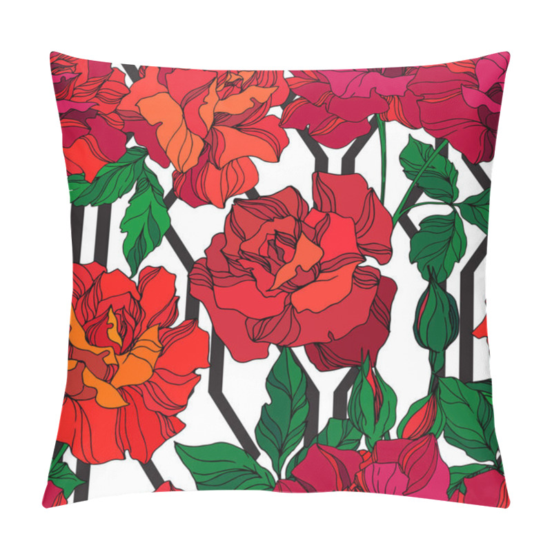 Personality  Vector Rose Floral Botanical Flowers. Green And Red Engraved Ink Art. Seamless Background Pattern. Pillow Covers