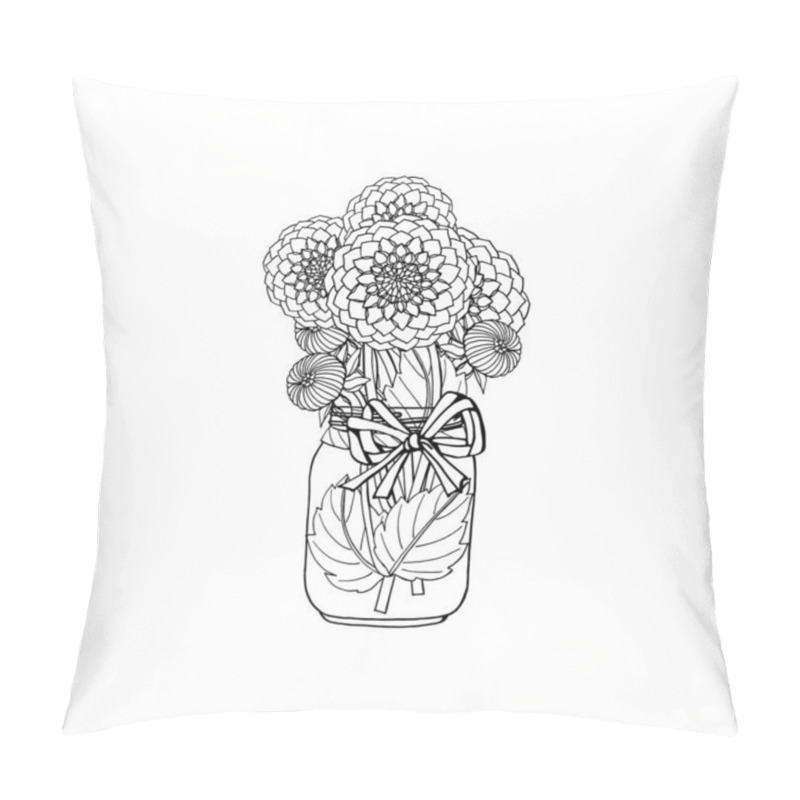 Personality  Hand Drawn Doodle Style Black And White Bouquet Of Dahlia Flowers In Mason Jar Vase. Isolated On White Background. Pillow Covers