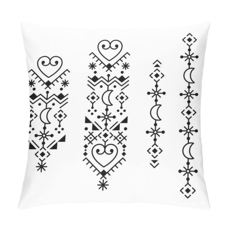 Personality  Minimalist Tribal Or Neotribal Line Art Vector Long Vertical Patterns Collection With Moons And Hearts, Geometric Ornamental Design Set Inspired By Old Nordic Viking Rune Art Pillow Covers