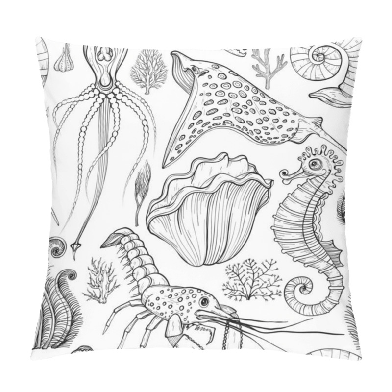 Personality  Seamless Pattern With Hand Drawn Deepwater Living Organisms. Black And White Pillow Covers