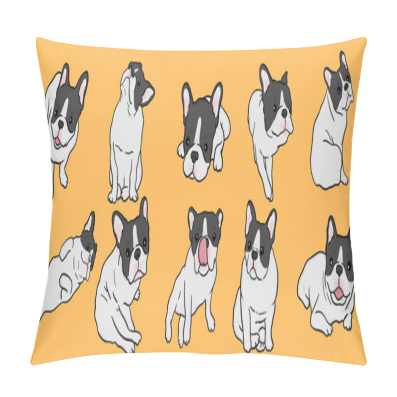 Personality  French Bulldogs. Vector Bulldog Set. Funny Cartoon Puppy Isolated On Yellow Background Pillow Covers