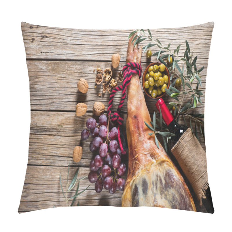 Personality  Ham, Wine, Grapes And Olives, Top View Pillow Covers