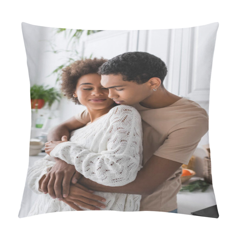 Personality  Young African American Man With Piercing Embracing Smiling Woman In White Openwork Sweater In Kitchen Pillow Covers