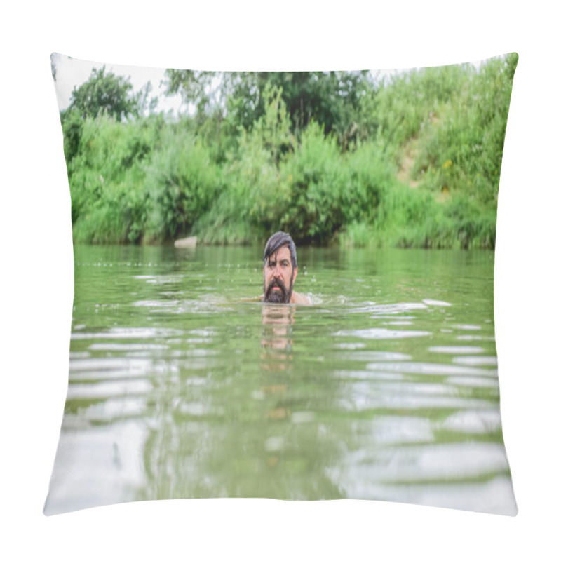 Personality  Swimming Skills. Refreshing Feeling. Man Enjoy Swimming In River Or Lake. Submerge Into Water. Freshness Of Wild Nature. Summer Vacation. Deep Dangerous Water. Relaxation And Rest. Swimming Sport Pillow Covers