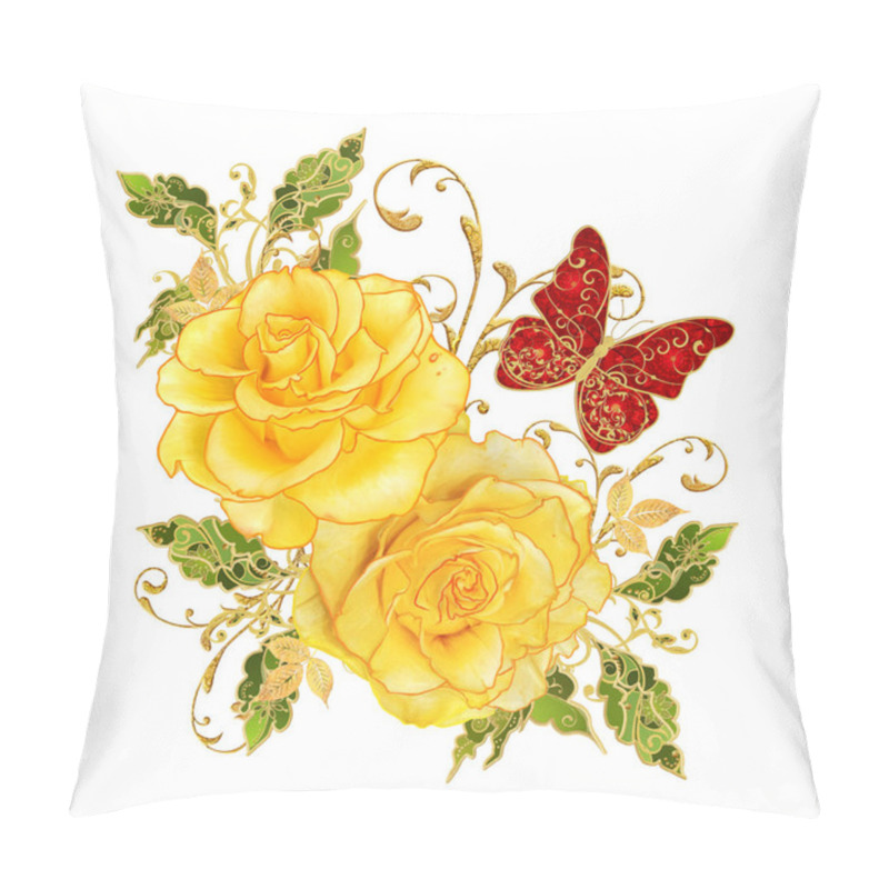 Personality  Golden Textured Curls. Brilliant Lace, Stylized Flowers, Yellow Rose. Openwork Weaving Delicate, Golden Background, Paisley, Jeweler's Butterfly. Pillow Covers