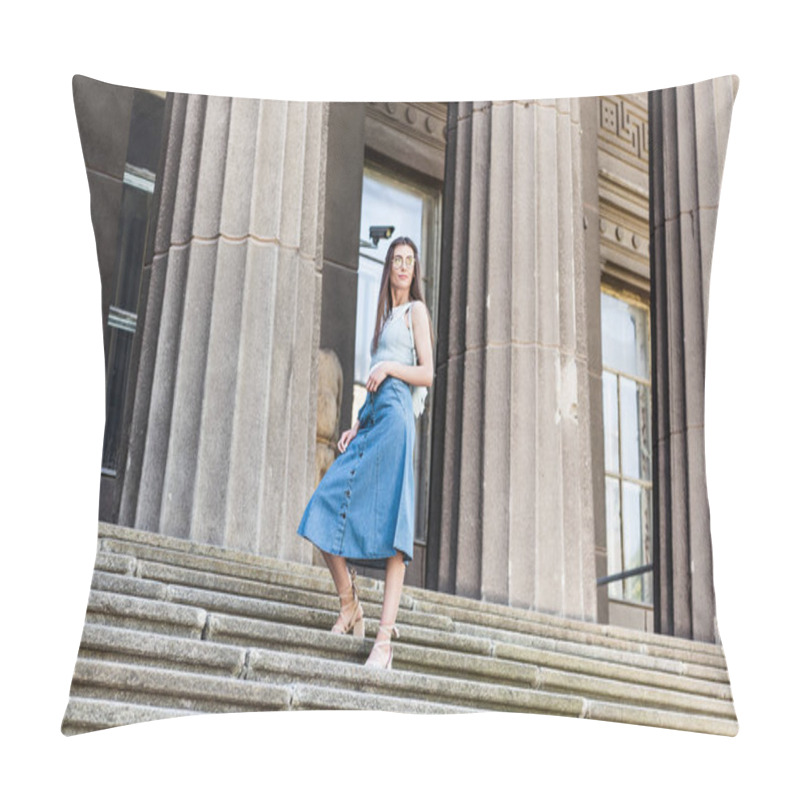 Personality  Young Stylish Woman In Eyeglasses And Denim Skirt Standing On Steps Pillow Covers