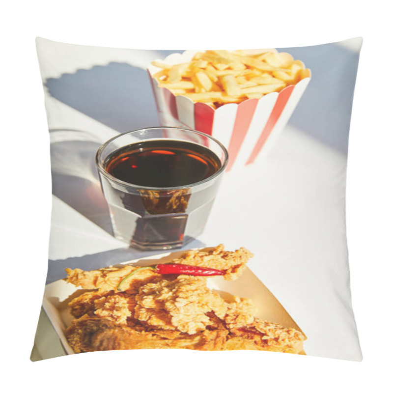 Personality  Selective Focus Of Tasty Deep Fried Chicken, French Fries And Soda In Glass On White Table In Sunlight Pillow Covers