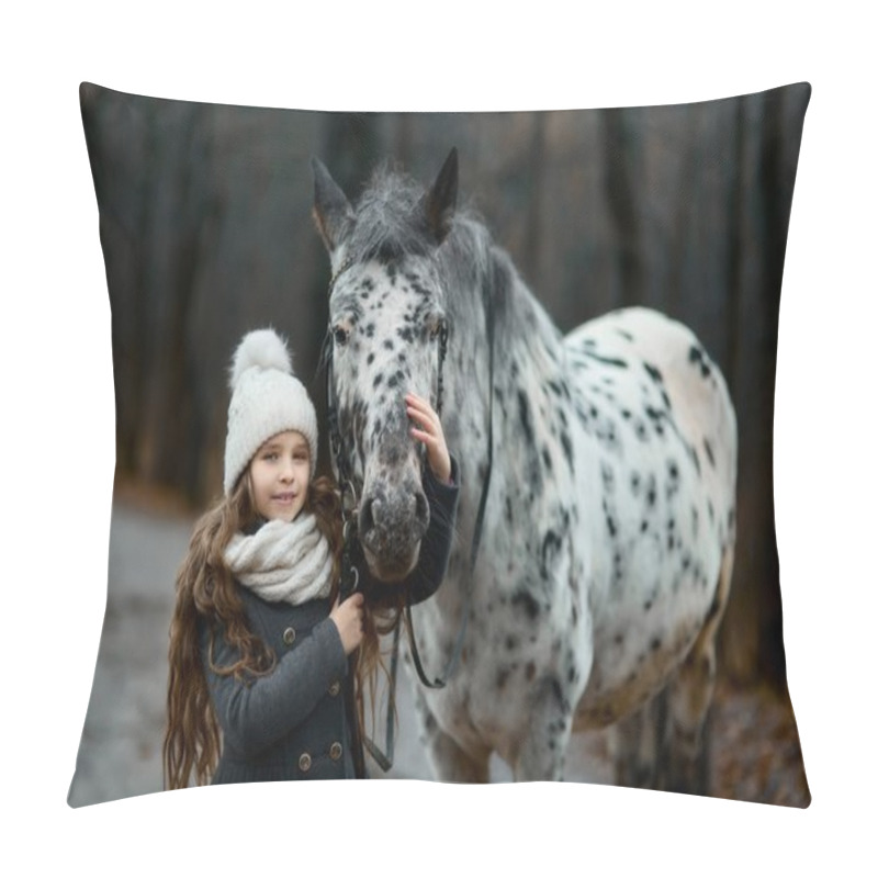 Personality  Young Girl Portrait With Appaloosa Horse And Dalmatian Dogs  Pillow Covers