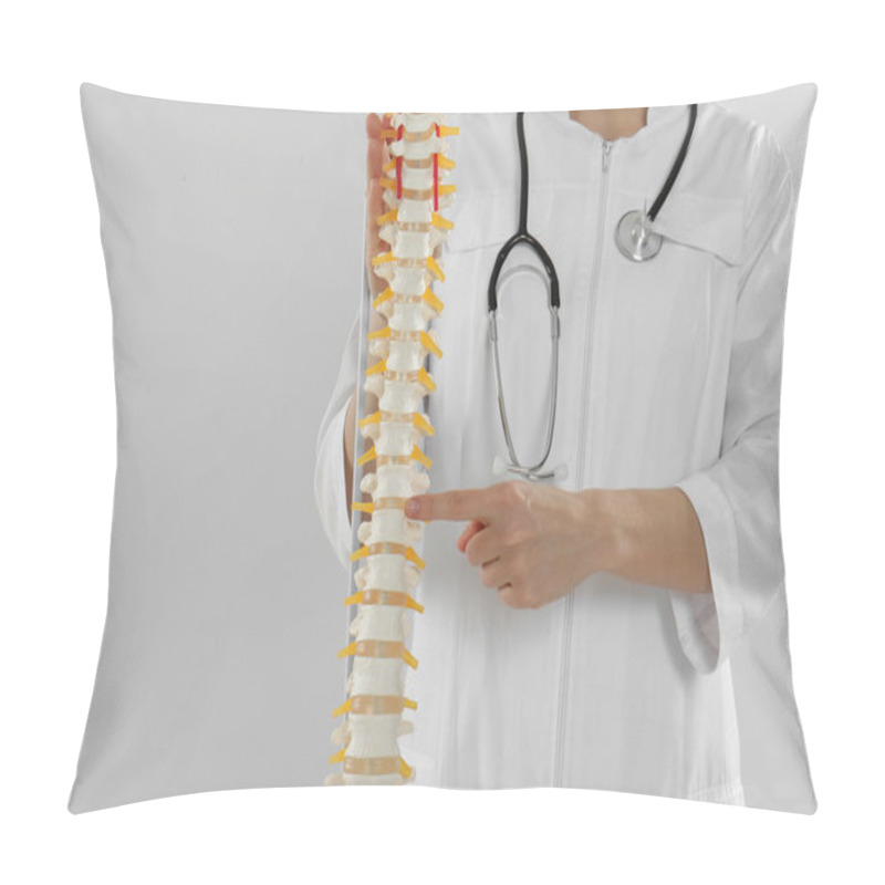 Personality  Female Orthopedist With Human Spine Model Against Light Background, Closeup Pillow Covers