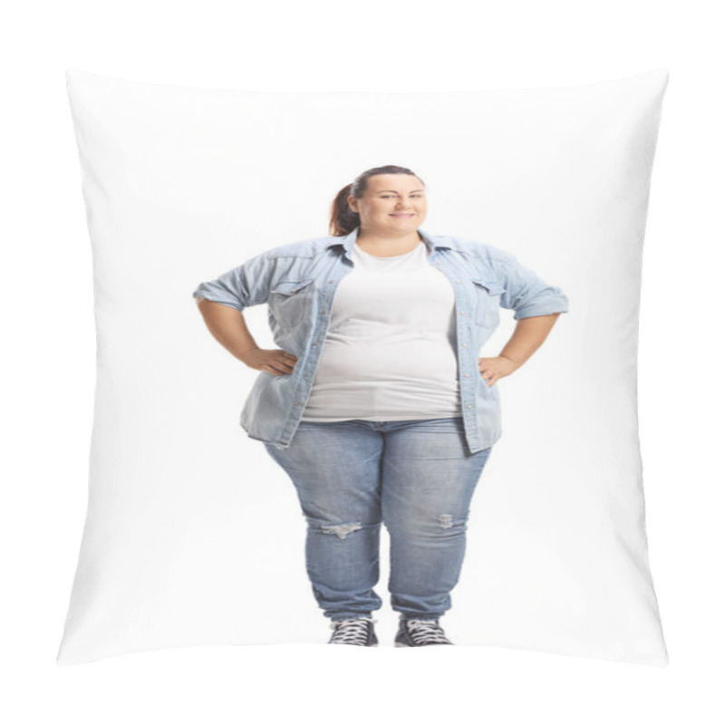 Personality  Overweight Woman Standing With Hands On Her Waist Isolated On White Background Pillow Covers