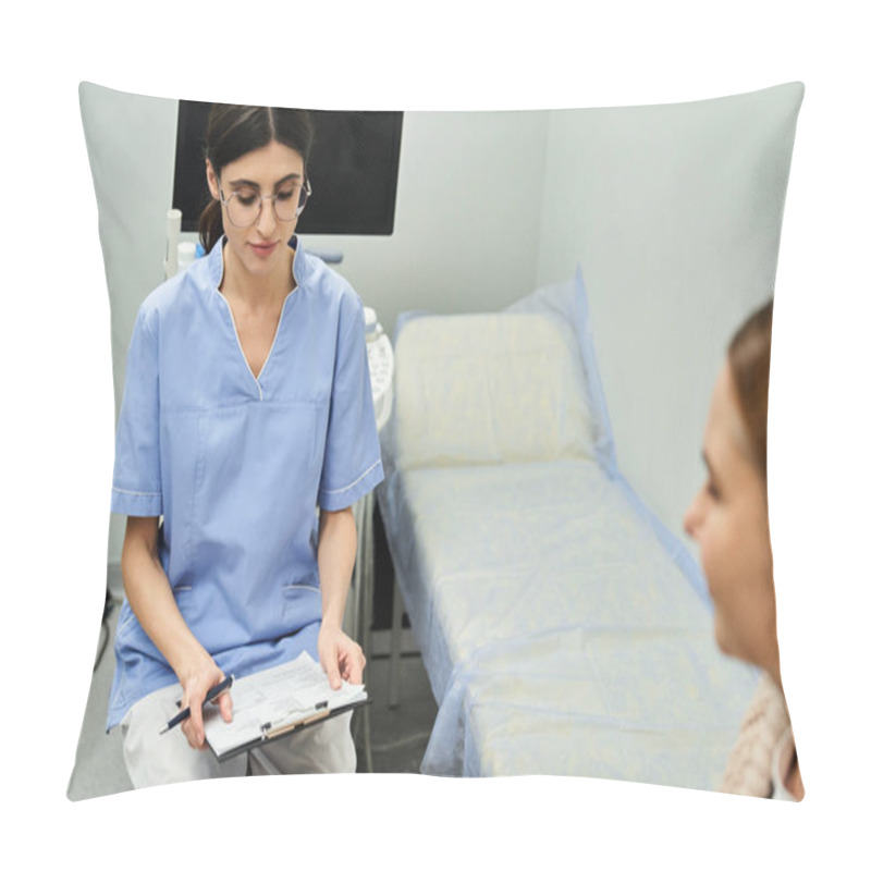 Personality  Gynecologist Reviews Patient Details While Consulting In A Contemporary Clinic Environment. Pillow Covers